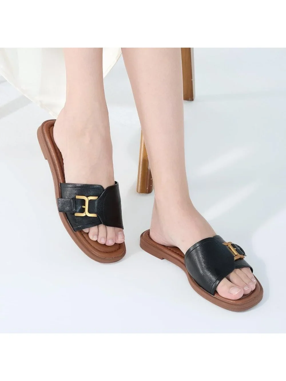 Women's Black Square Toe Flat Sandals Slides Dressy Comfortable for Beach